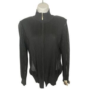 Exclusively‎ Misook Black Knit Ribbed Sheer Mesh Cardigan Sweater Womens Size S